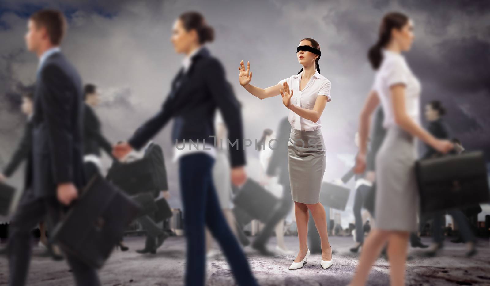 Image of businesswoman in blindfold walking among group of people