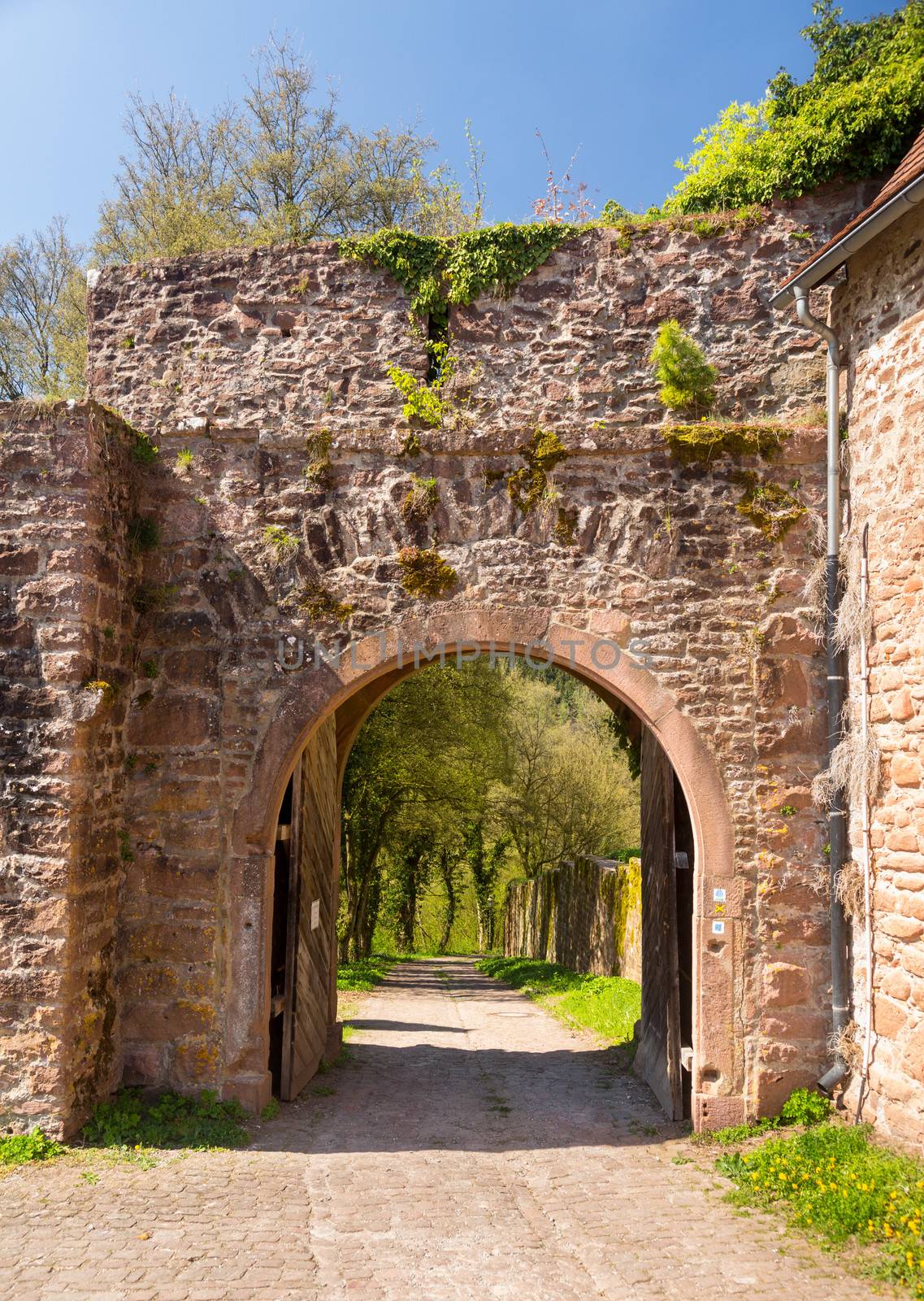 Stone arch in old castle walls with wooden doors and cobbled road in Southern Germany