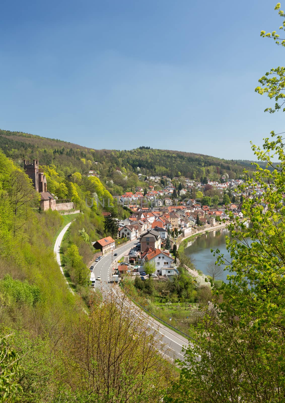 Ruins of ancient Mittelburg castle on hillside above Neckarsteinach on river Neckar in southern Germany