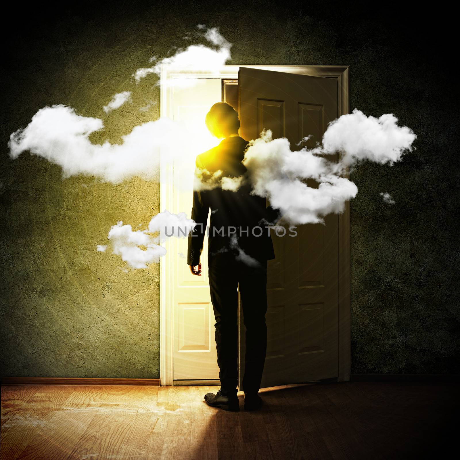 Image of young businessman standing with back opening door