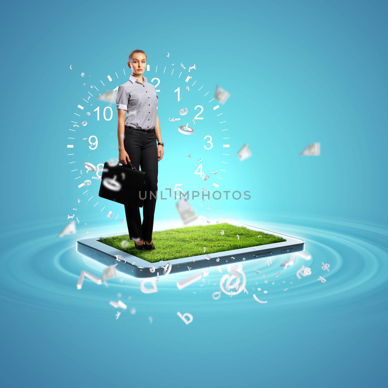 Modern technology illustration with computers and business person