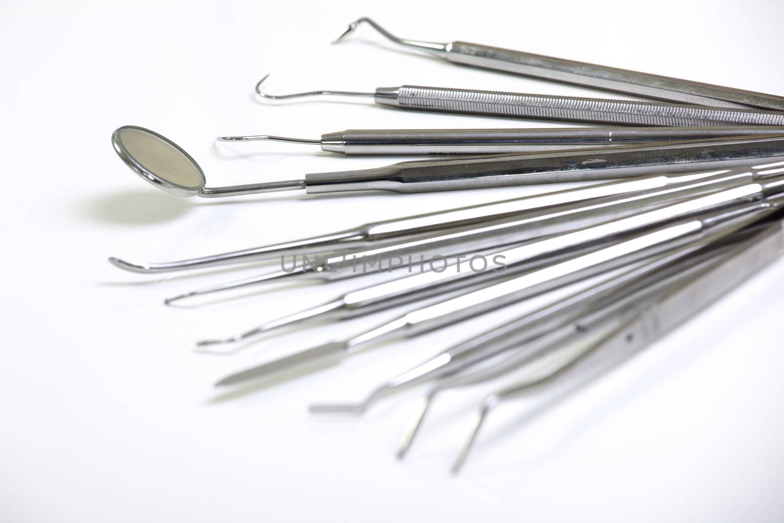 Set of metal medical equipment tools for teeth dental care