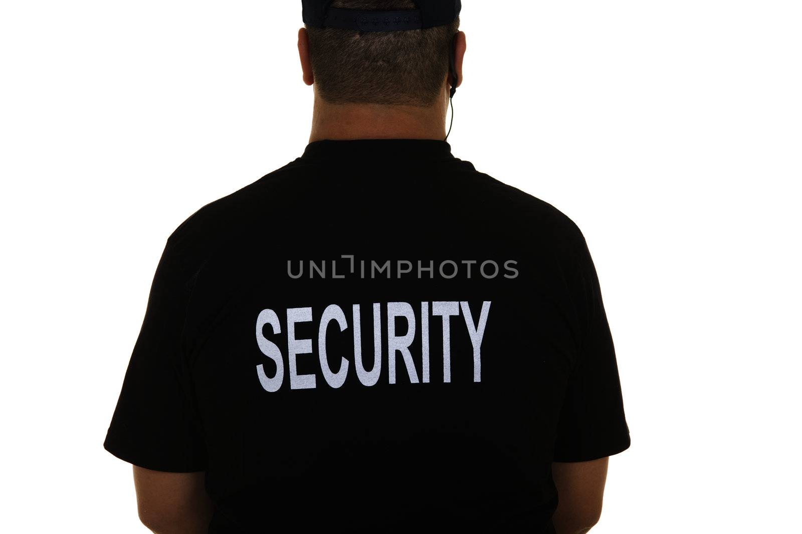 back of a security guard isolated on white