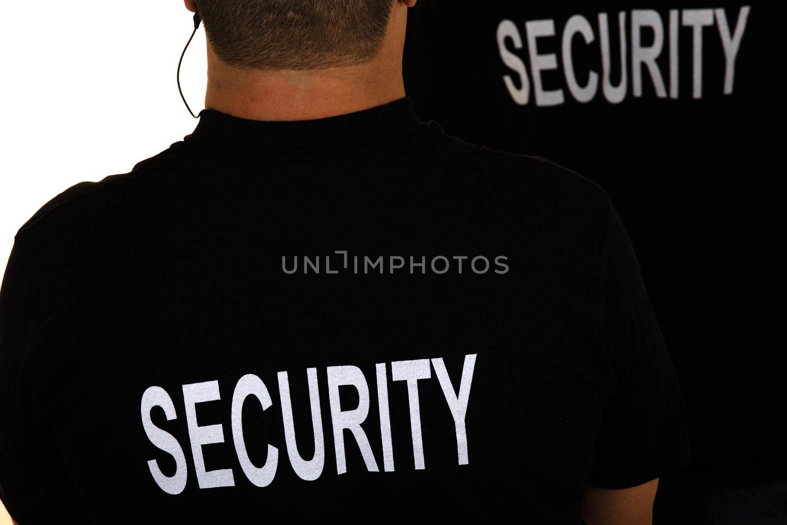 back of two security guards isolated on white