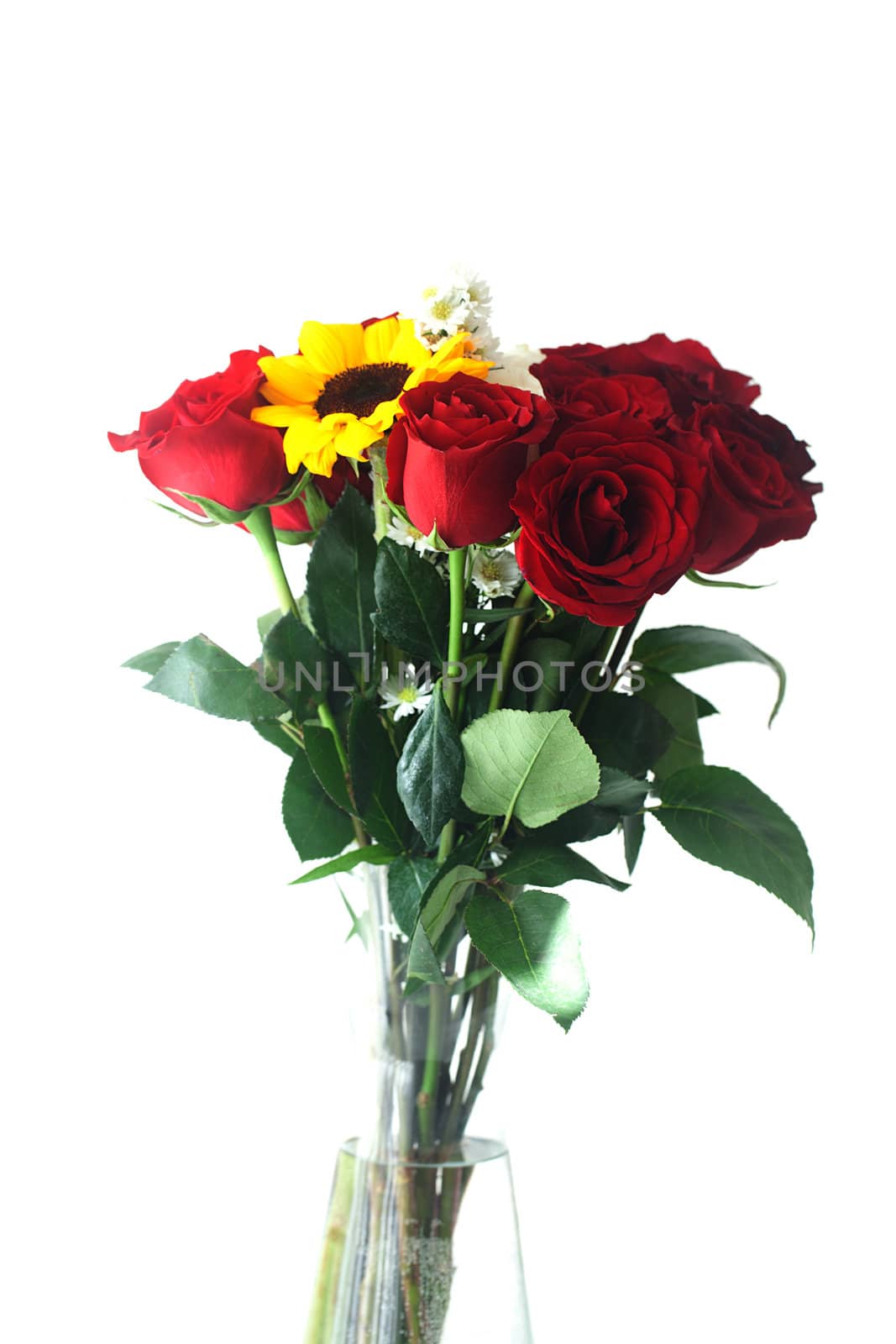 bouquet of red roses and sunflowers