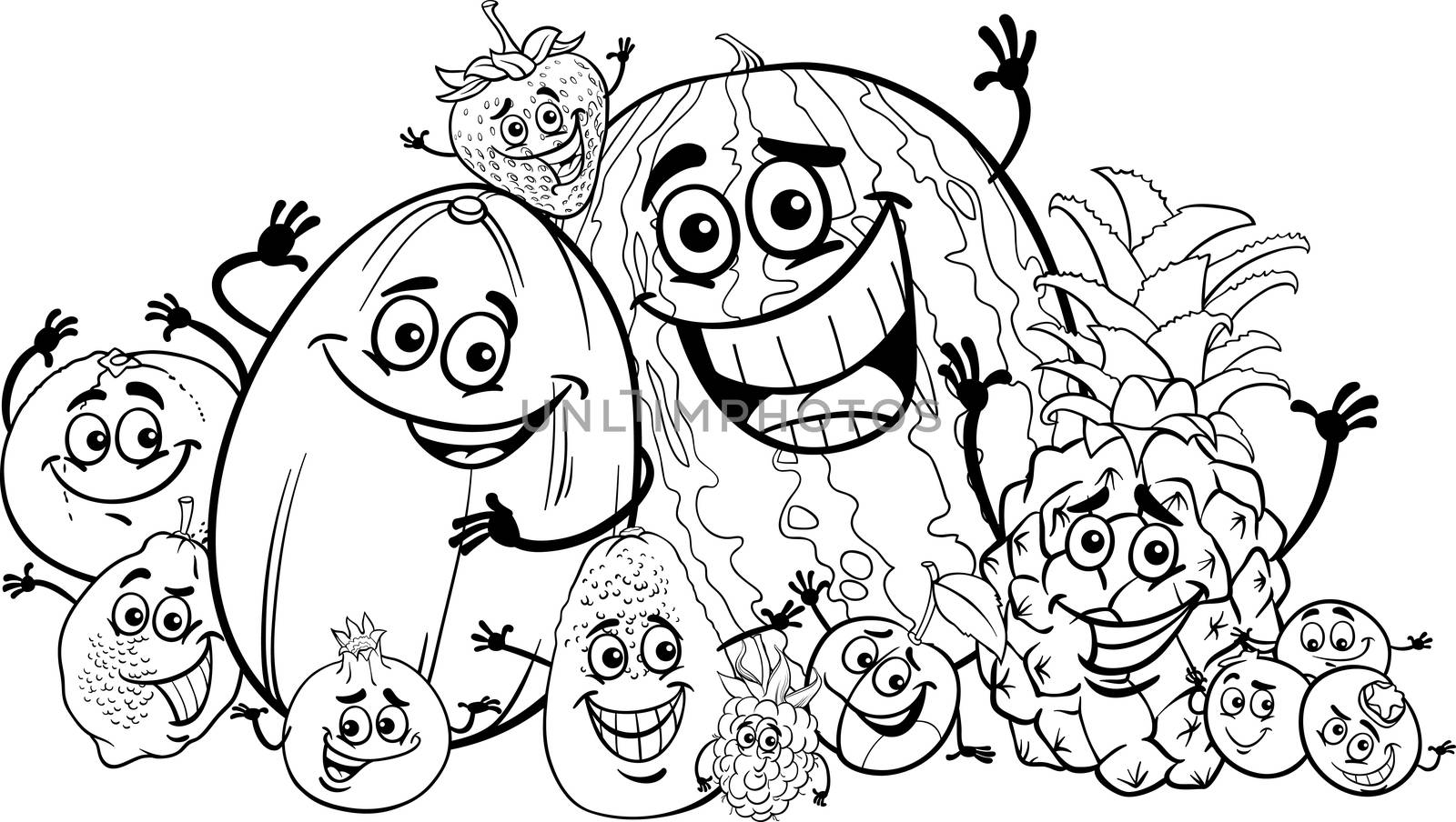 Black and White Cartoon Illustration of Funny Fruits Food Characters Big Group for Coloring Book for Children