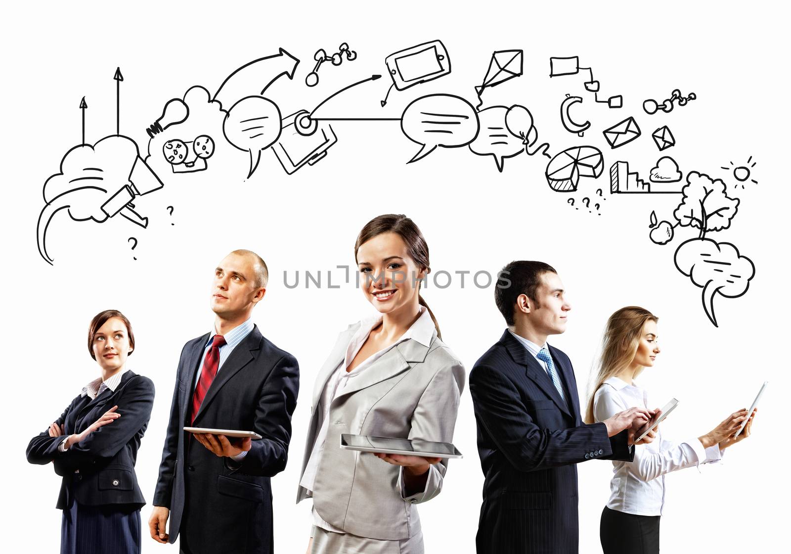 Image of young businesspeople team. Collage background