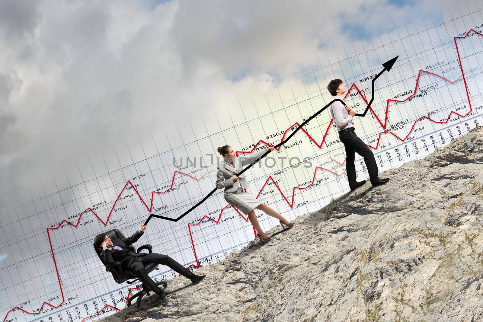 Image of young businesspeople pulling graph. Chart growth concept