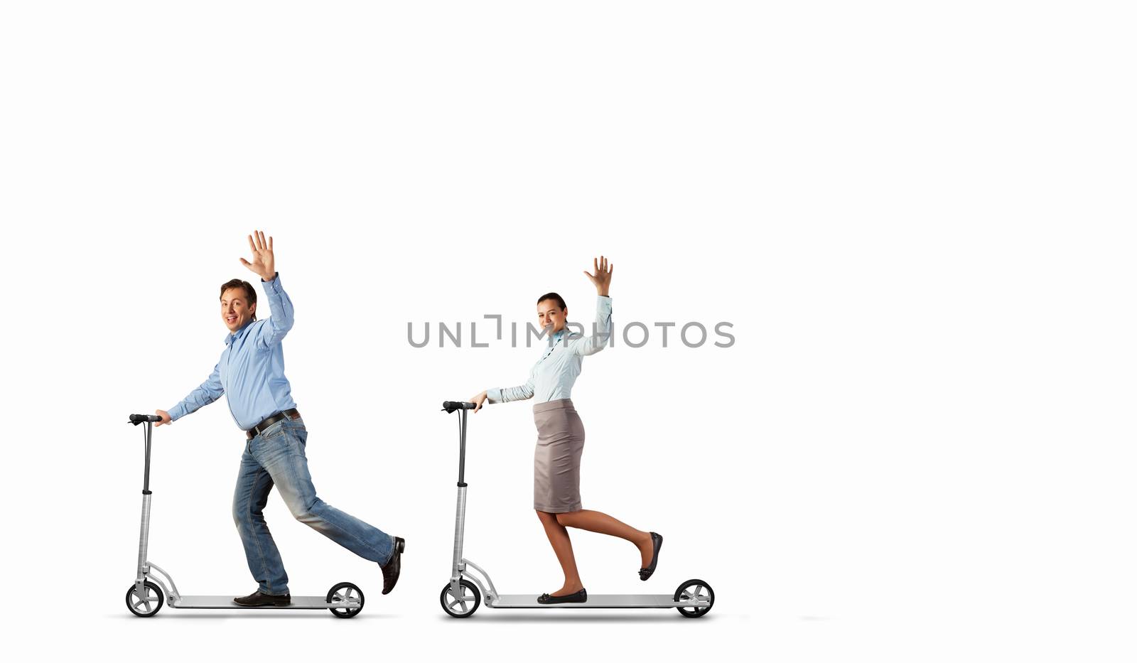 Image of happy young family riding scooter