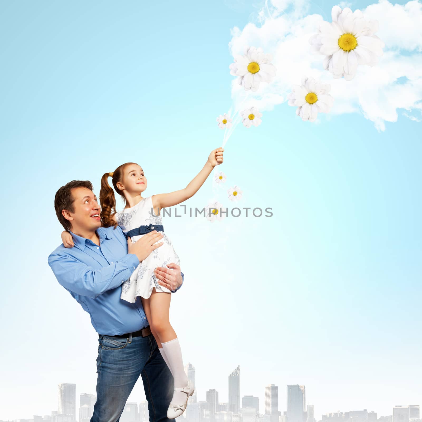 Image of happy father holding on hands daughter