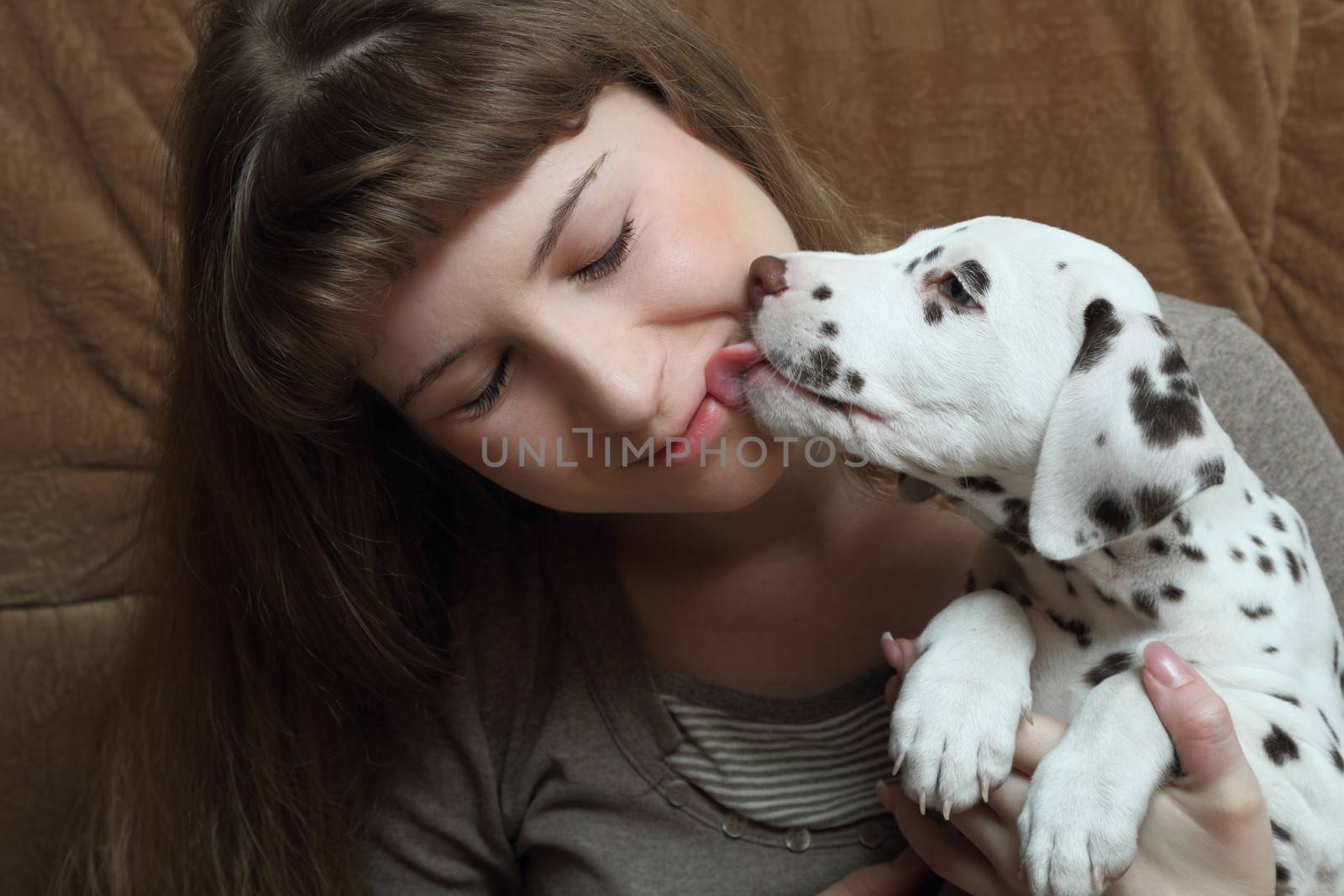 Girl and little puppy spotted dogs