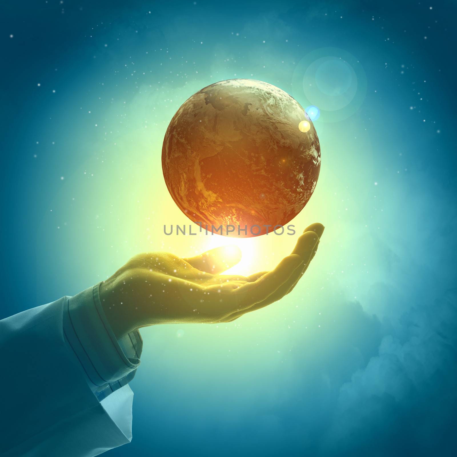 Hand of businessman holding earth planet against illustration background