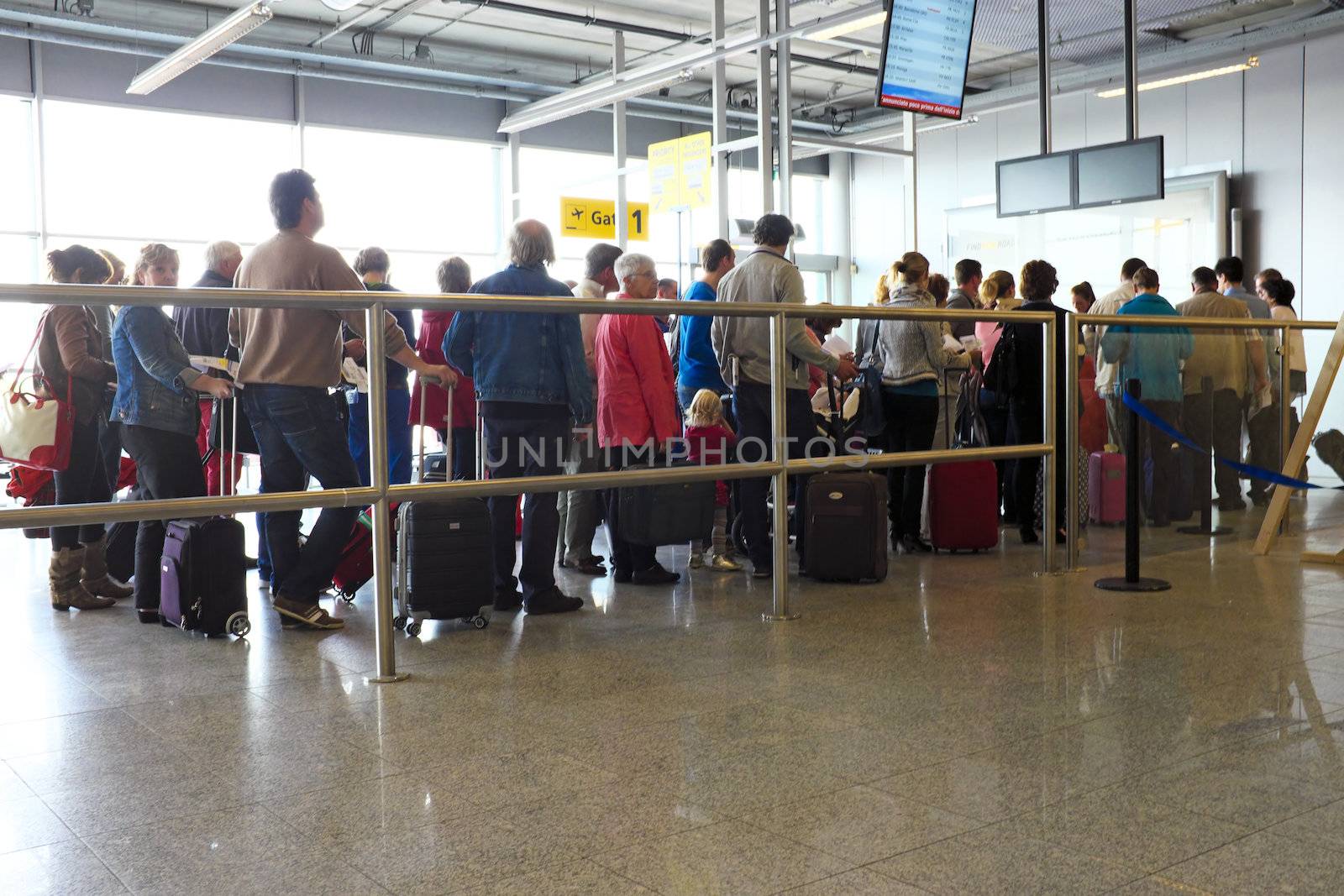 Travellers ready for boarding at Eindhoven airport in the Netherlands