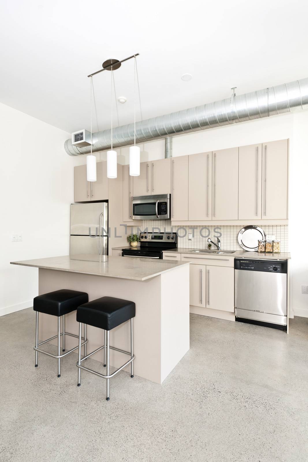 Kitchen in modern loft condo with island and stainless steel appliances
