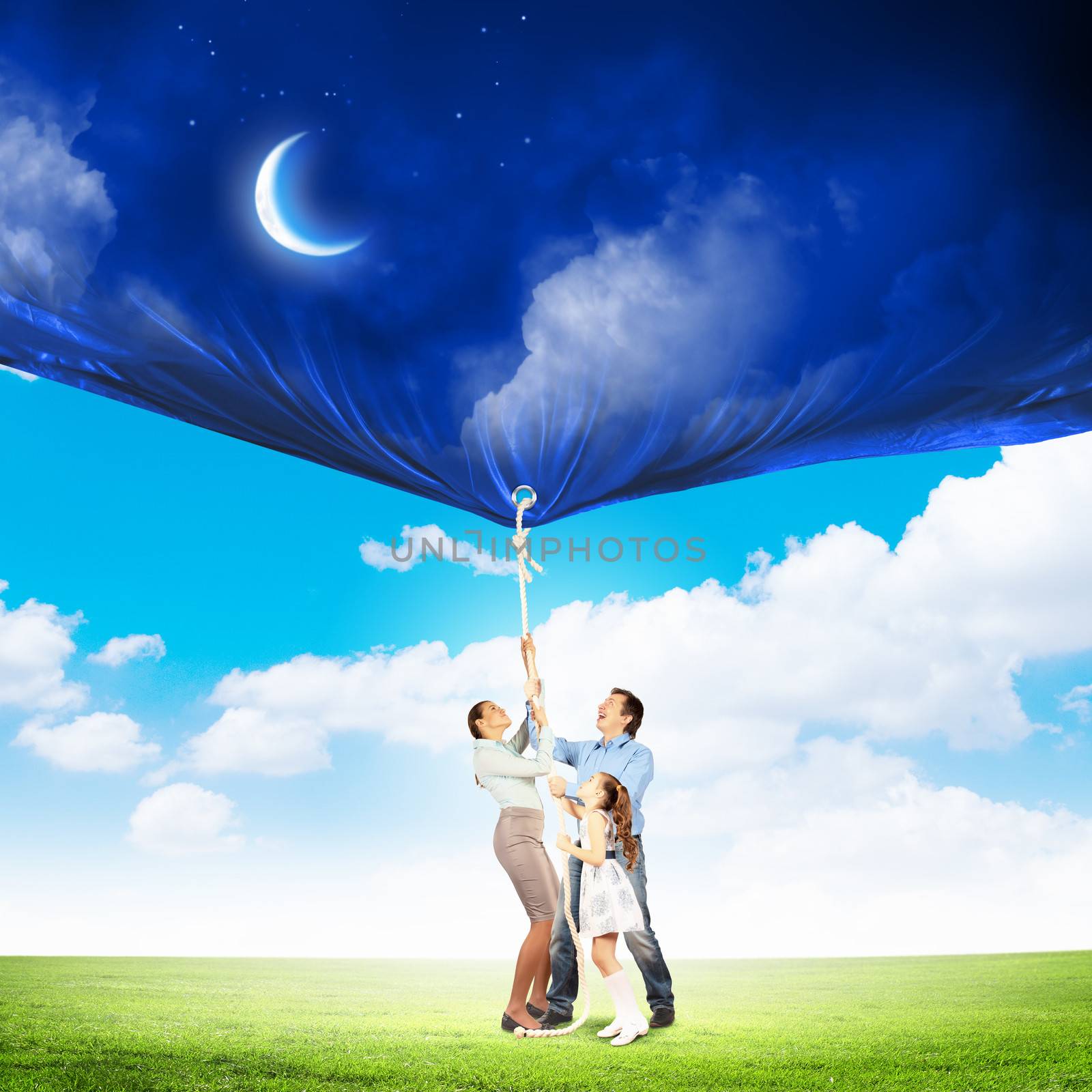 Image of young happy family pulling banner with night illustration