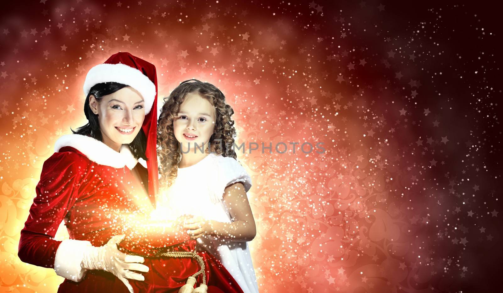 Little girl with christmas gifts and santa by sergey_nivens