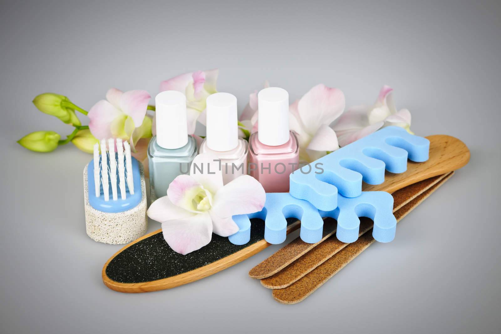 Pedicure accessories and tools with nail polish