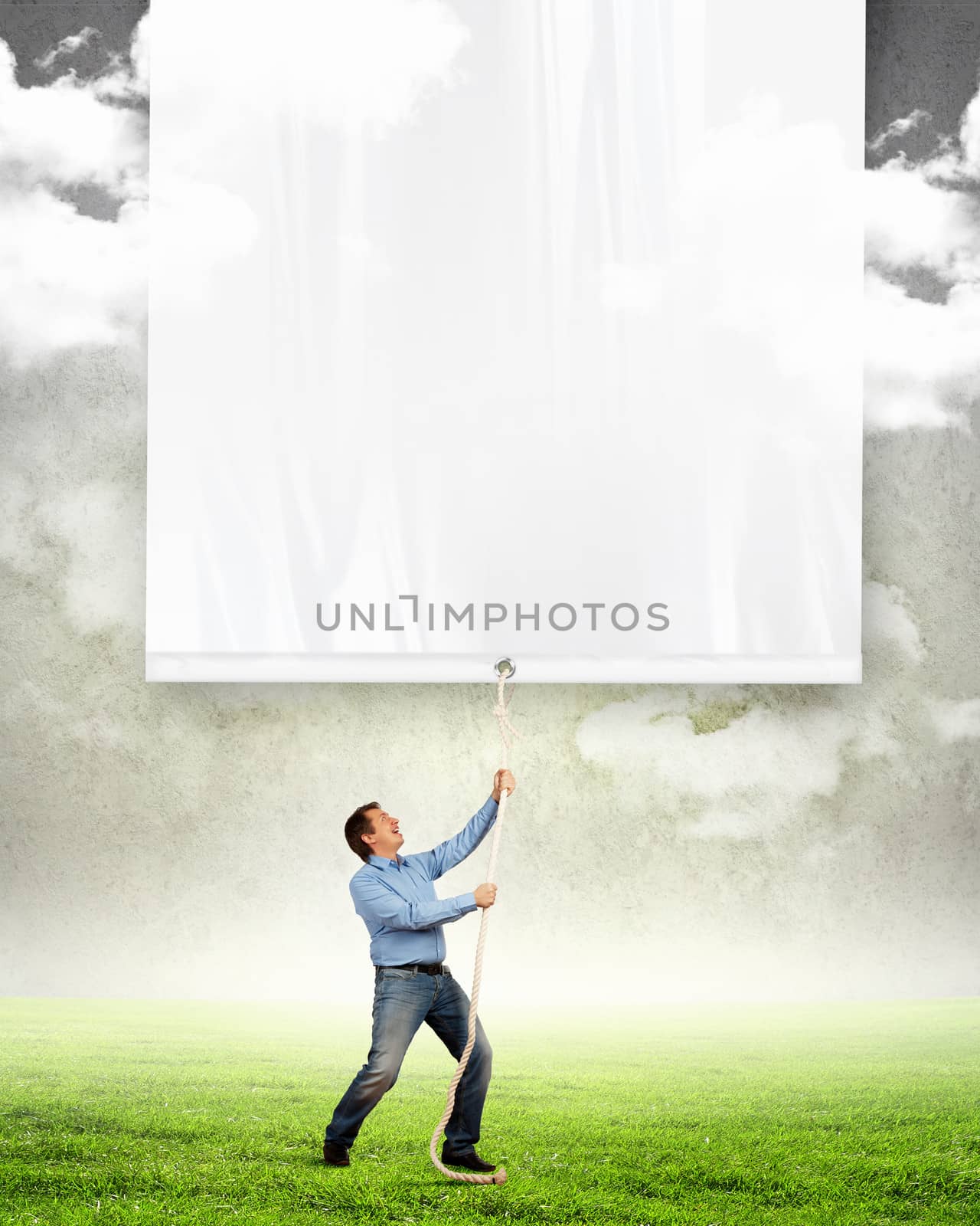 Adult man pulling blank banner by sergey_nivens