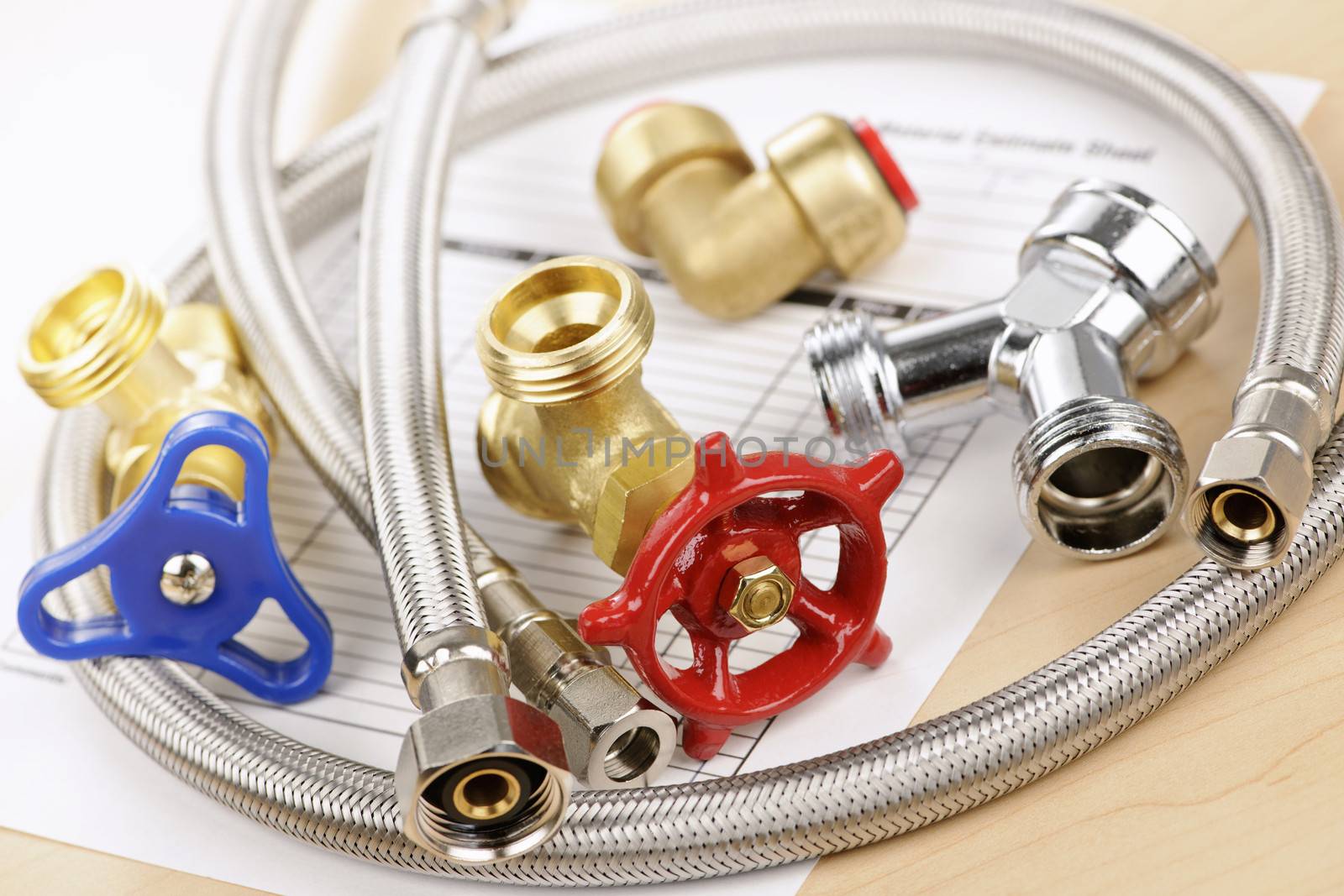 Plumbing valves hoses and assorted parts with estimate sheet