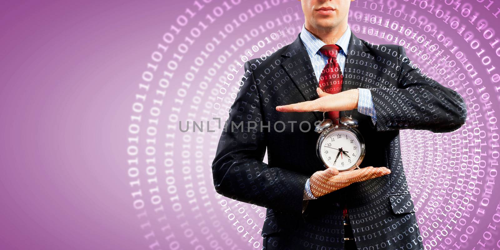Image of businessman holding alarmclock against illustration background