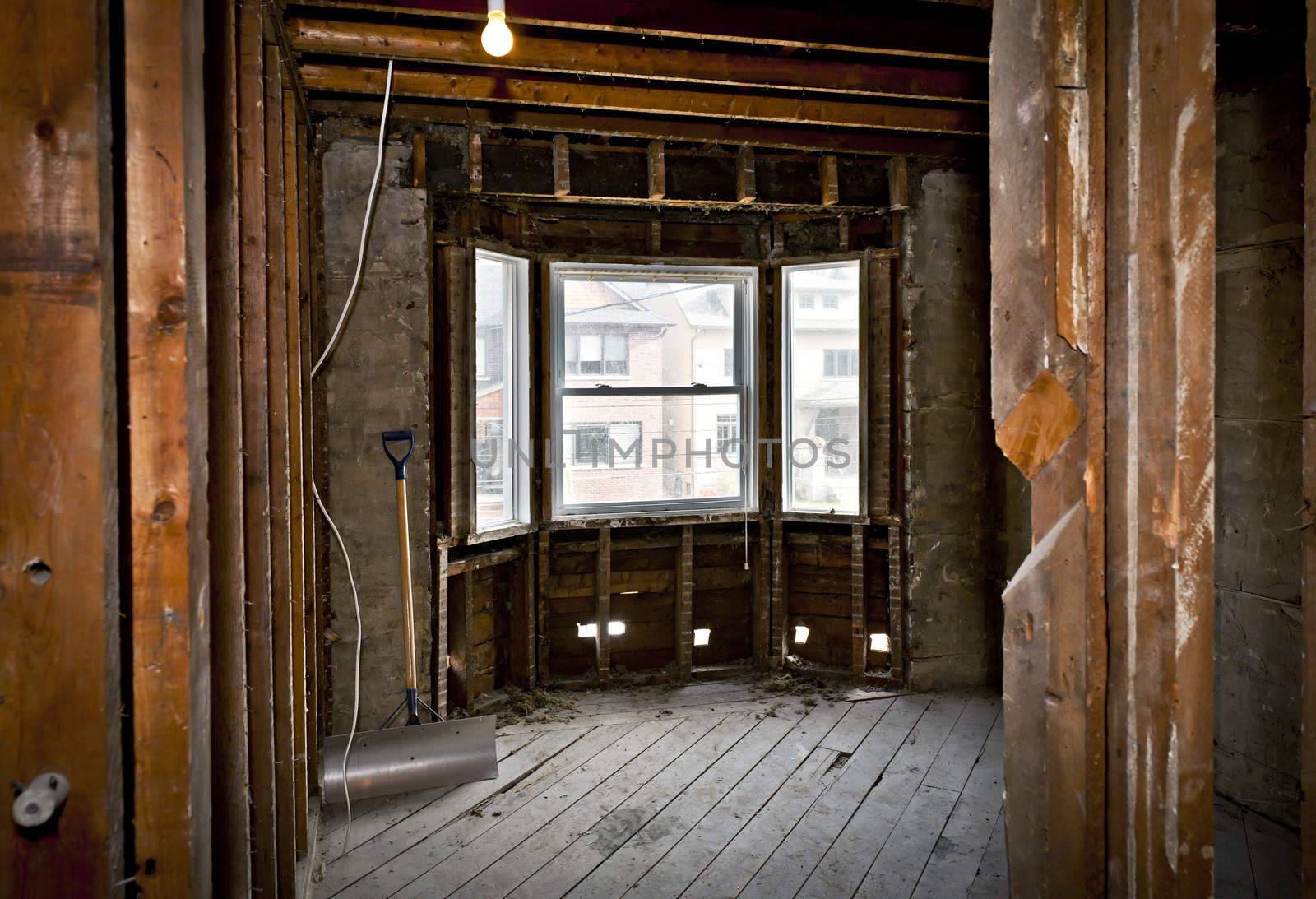 Interior of a house under gut renovation at construction site