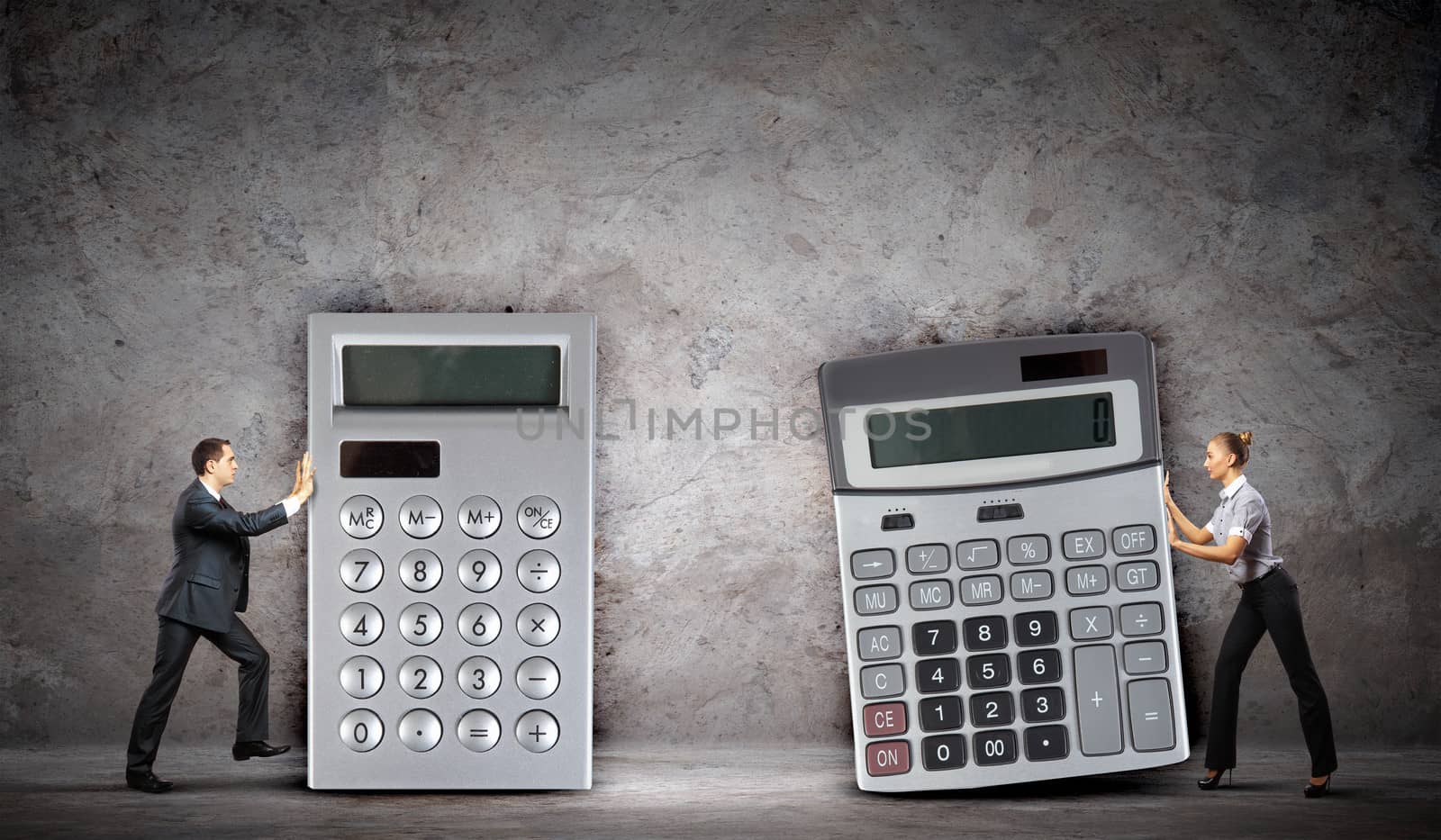 Businesspeople with big calculators by sergey_nivens