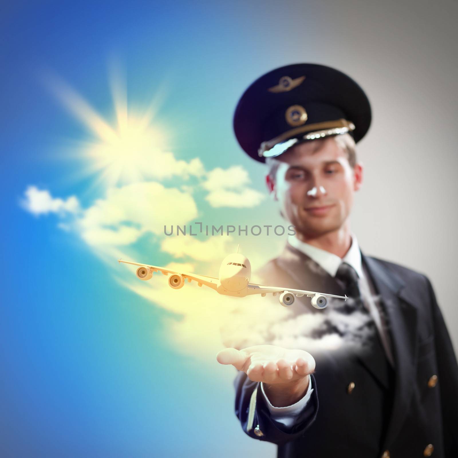 Image of pilot with airplane taking off from his hand