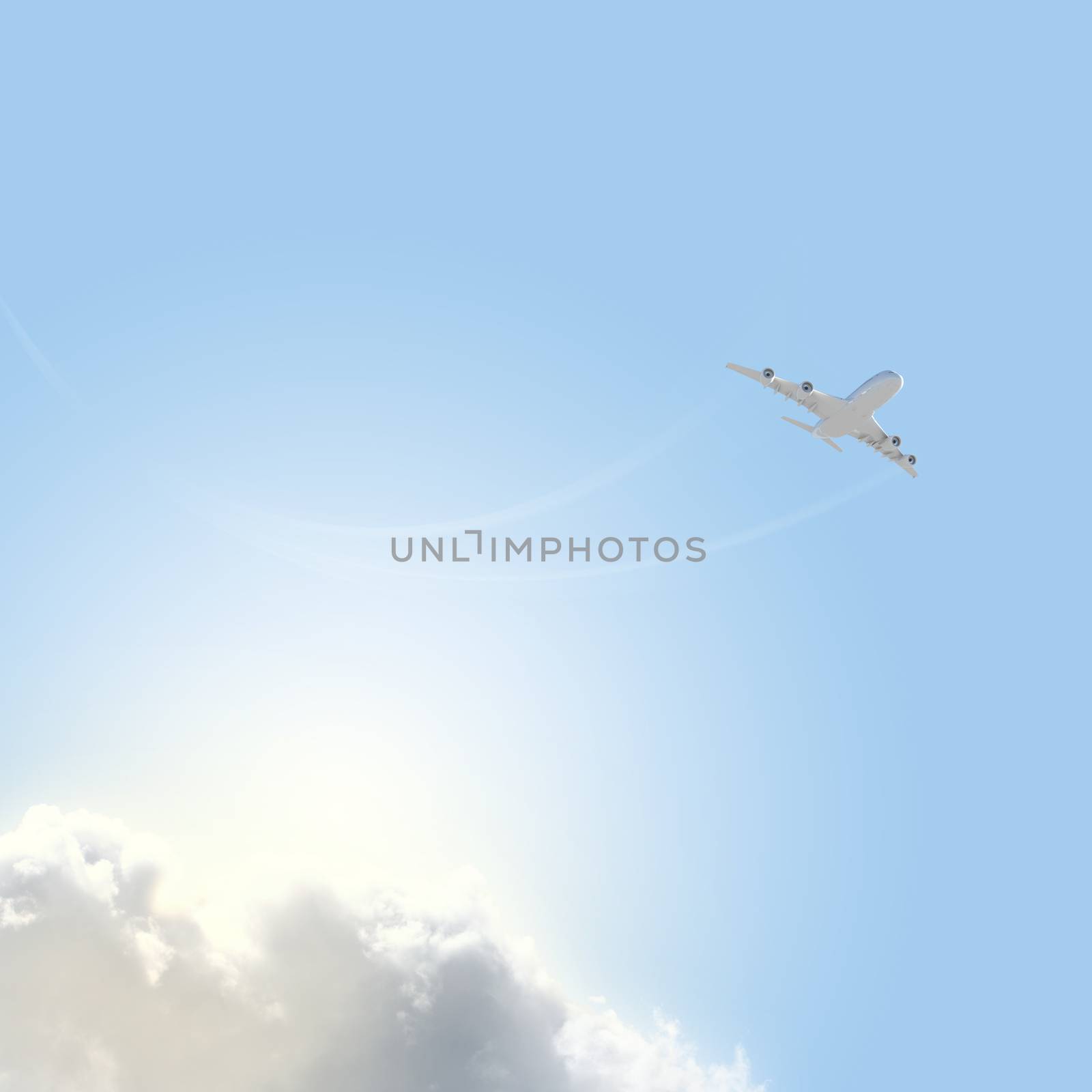 Image of flying airplane in clear sky with sun at background