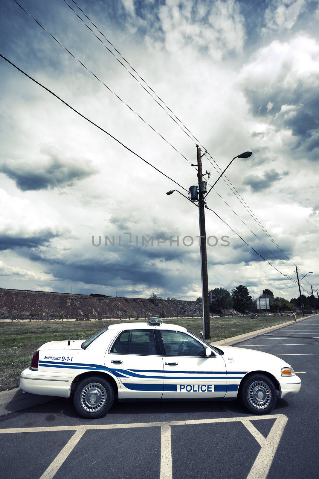 Vertical view of cop car with special photographic processing