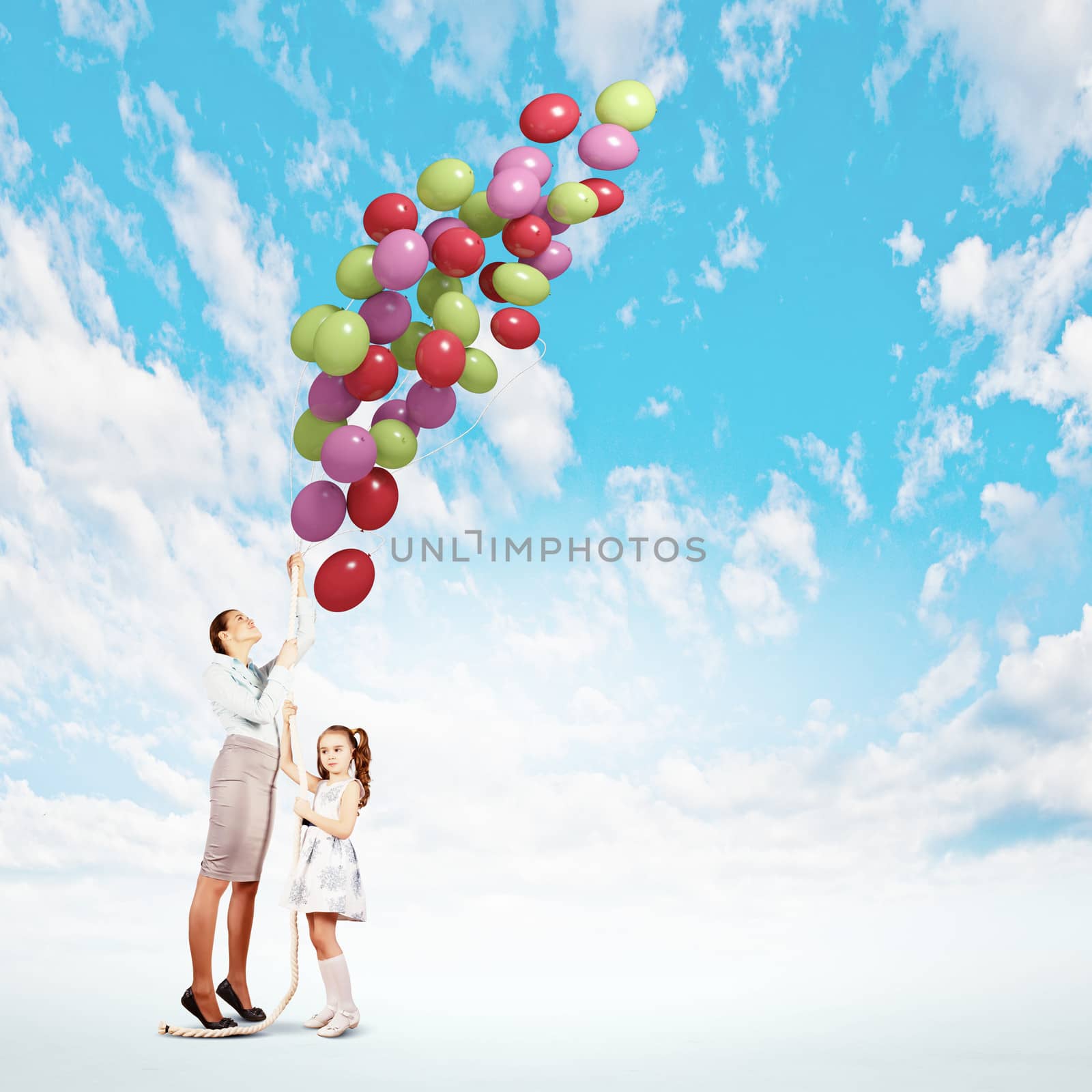 Image of little cute girl and mother with bunch of color balloons