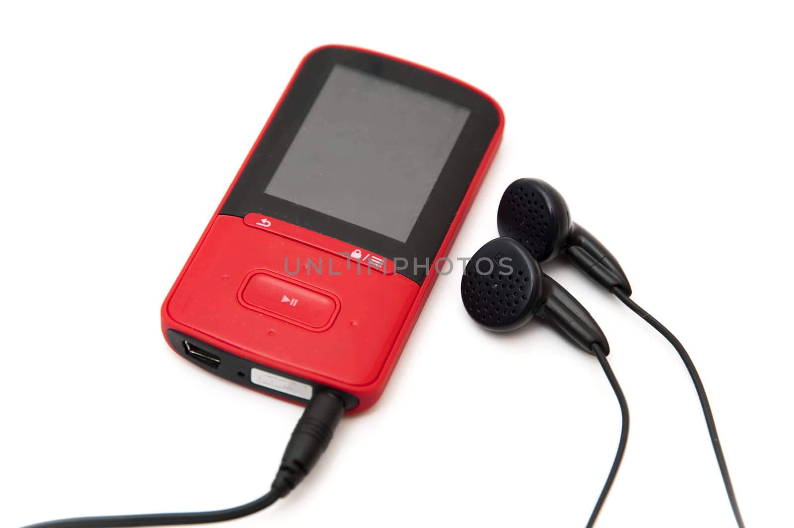 Mp3 red with headphones on a white background