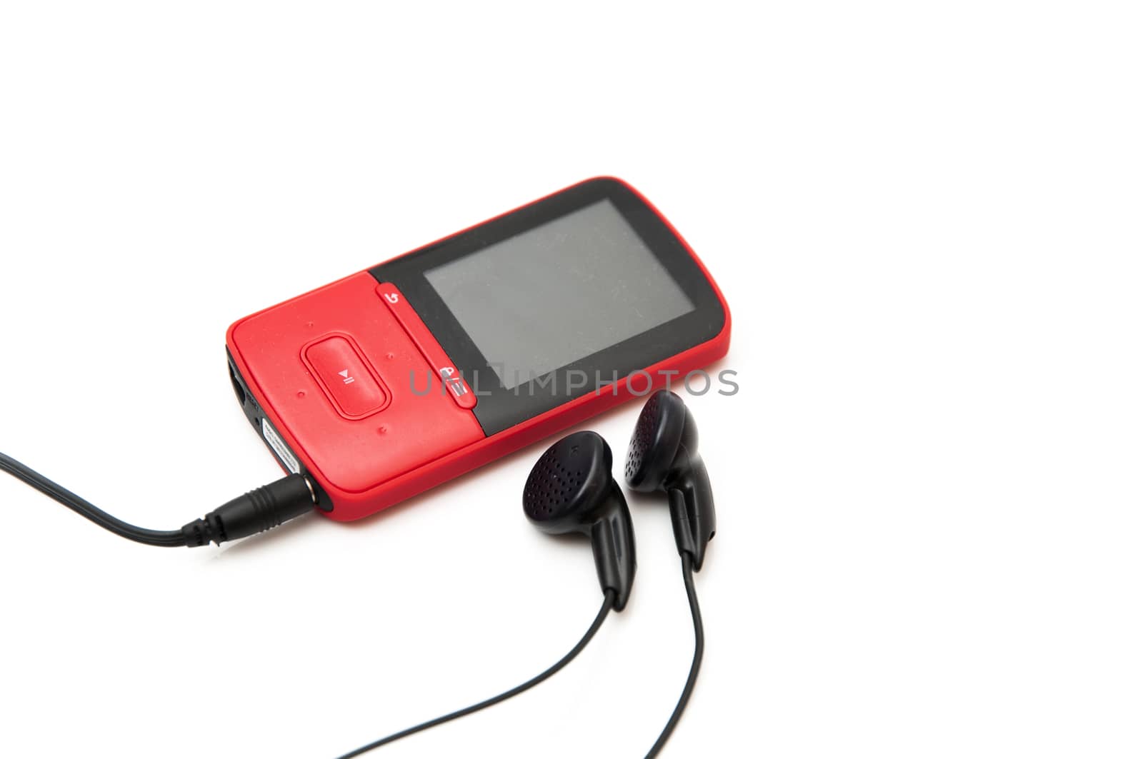 Mp3 red with headphones on a white background