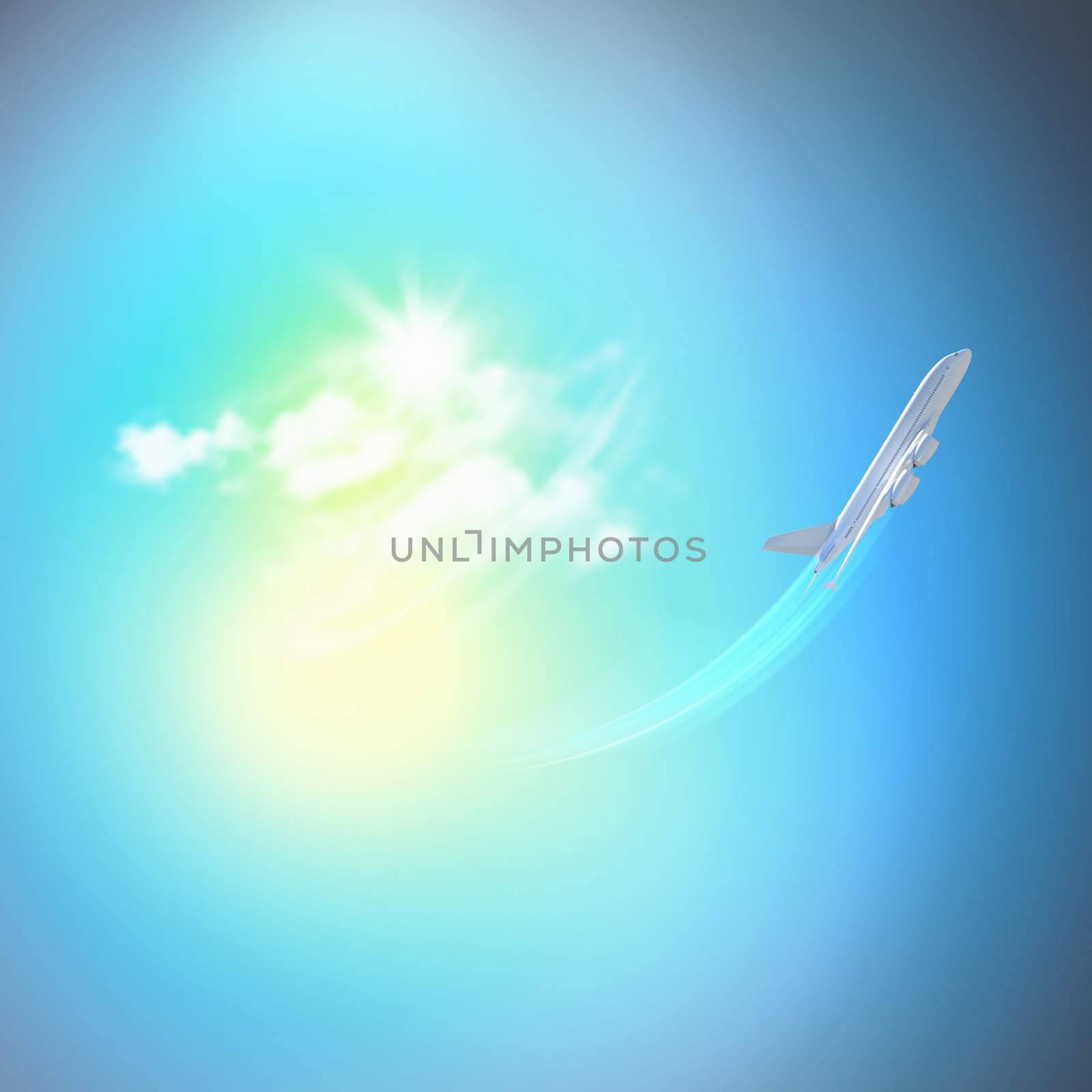 Image of flying airplane in clear sky with sun at background