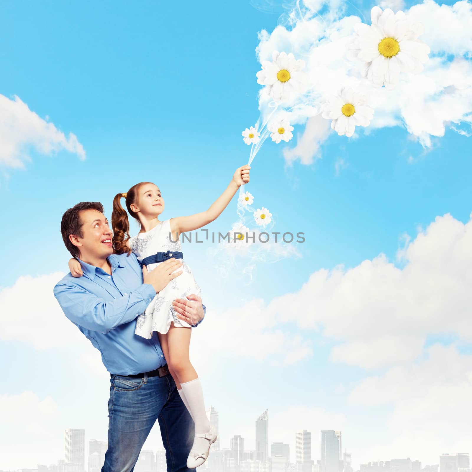 Image of happy father holding on hands daughter