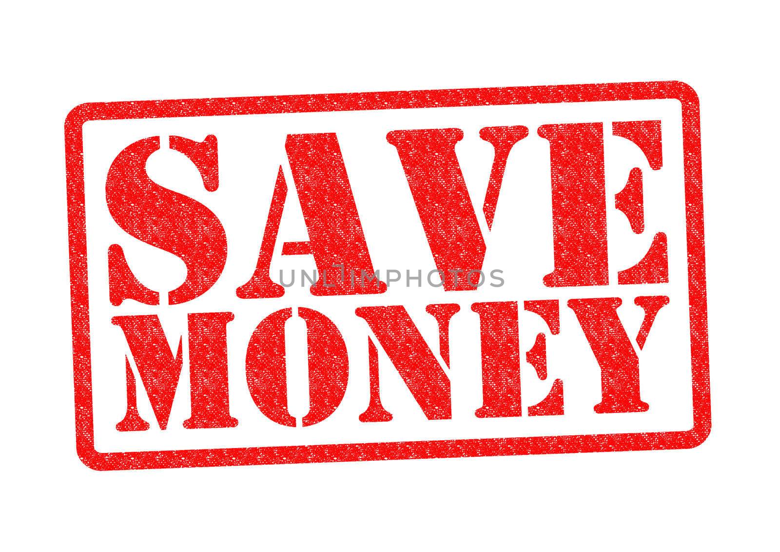 SAVE MONEY Rubber Stamp over a white background.