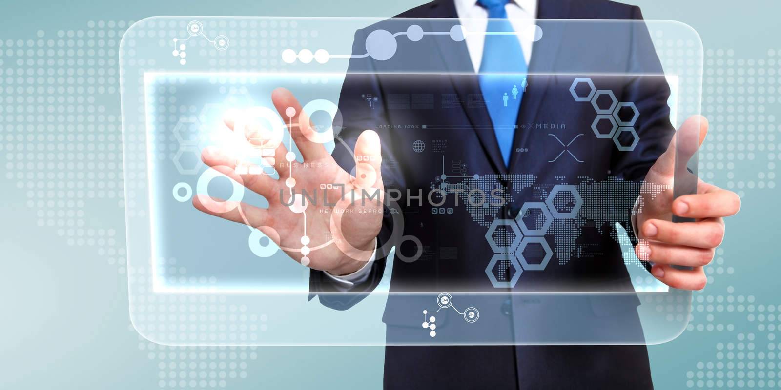 Businessman in blue suit working with digital vurtual screen