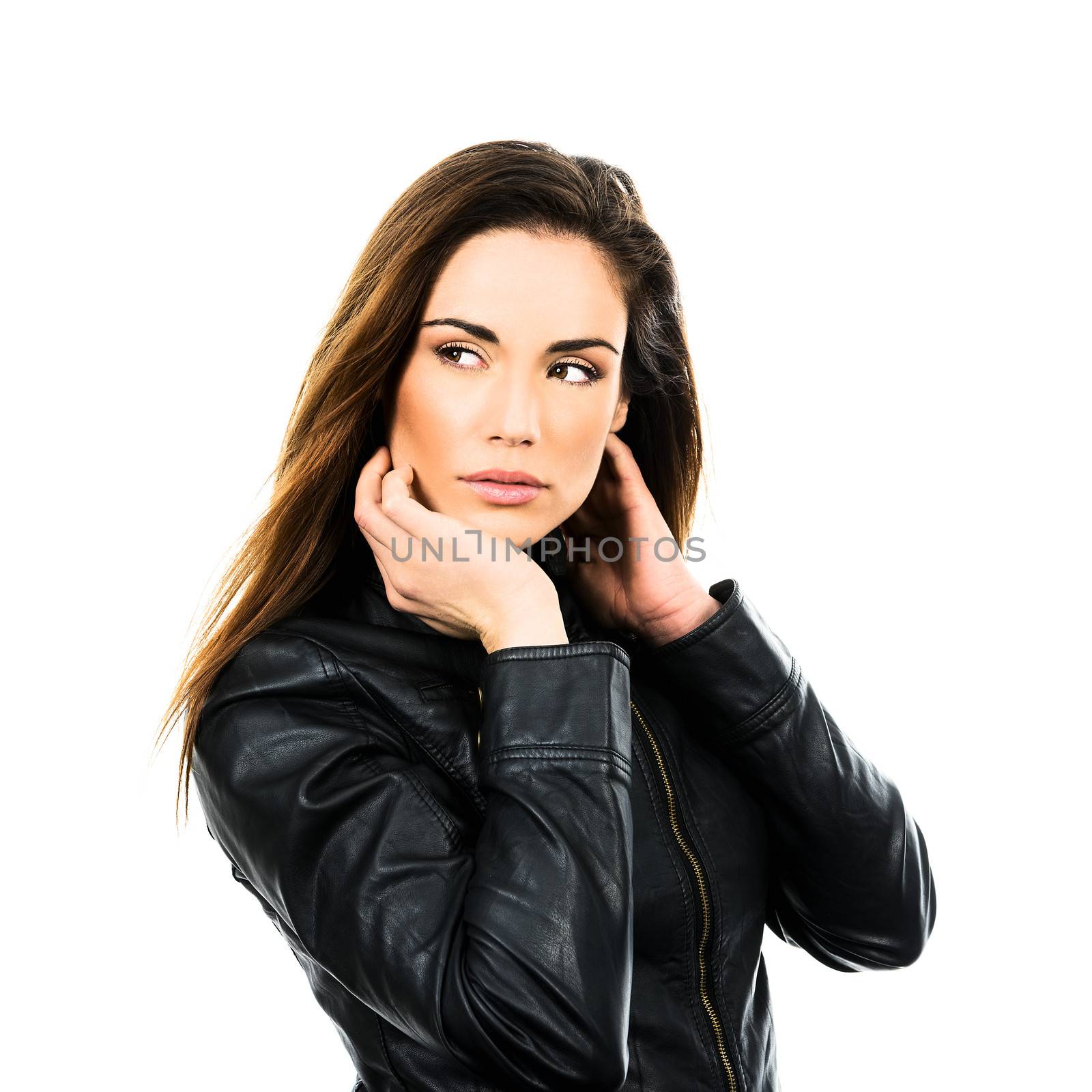 pretty young woman with leather jacket