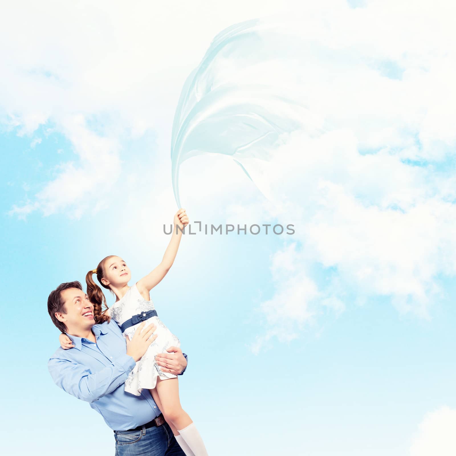 Image of happy father holding on hands daughter