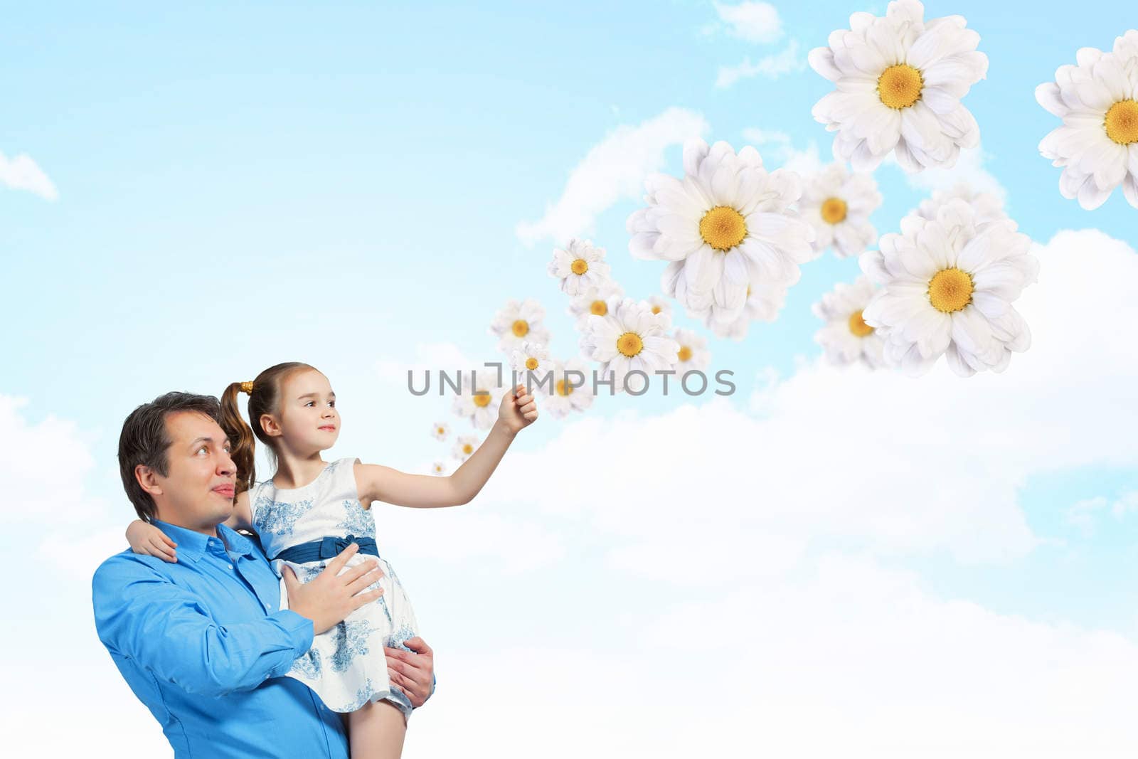Image of happy father holding on hands daughter