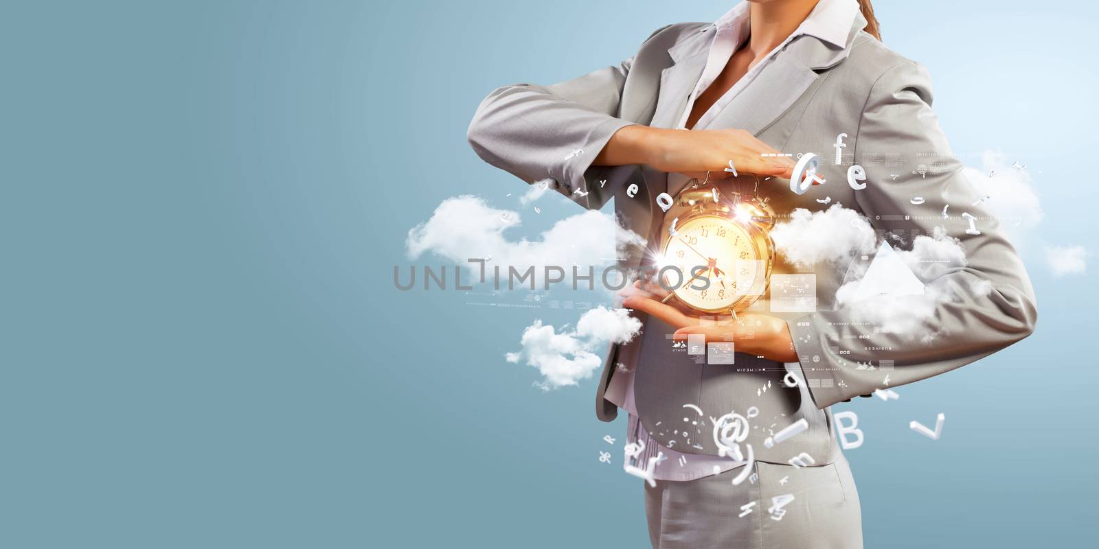 Image of businessman holding alarmclock against illustration background