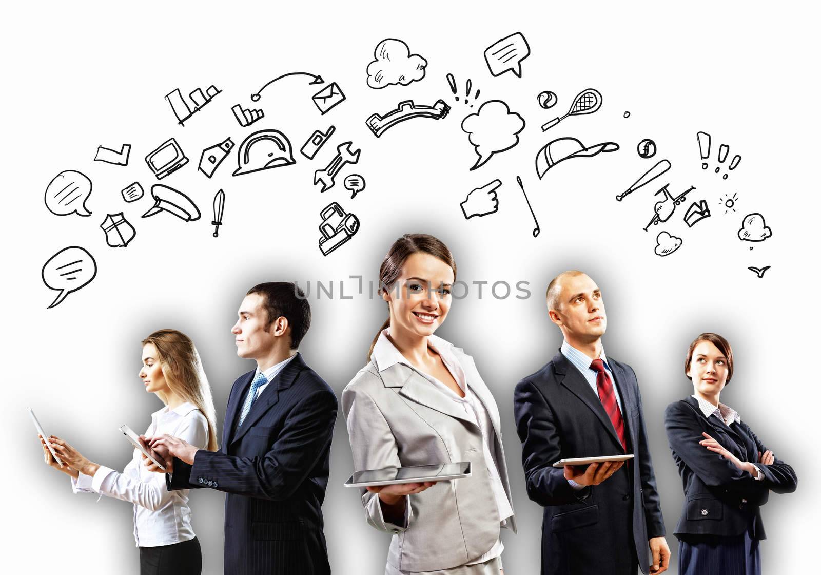 Image of young businesspeople team. Collage background