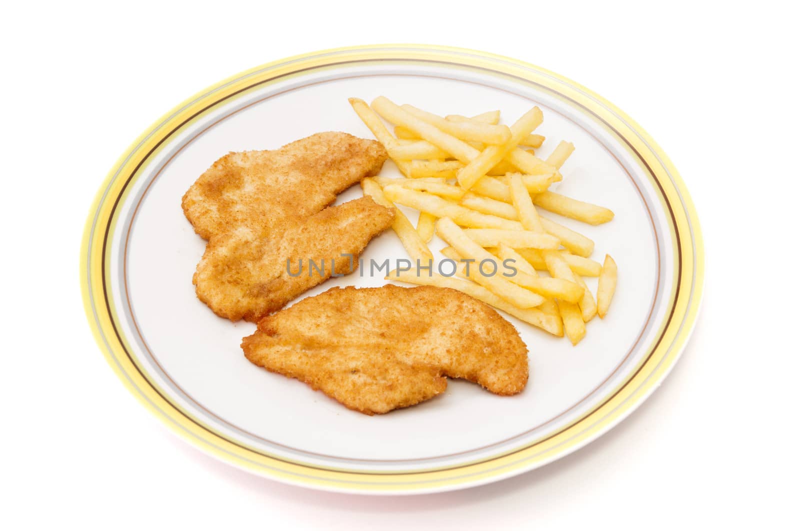 chicken breast dish with potatoes on a white background 