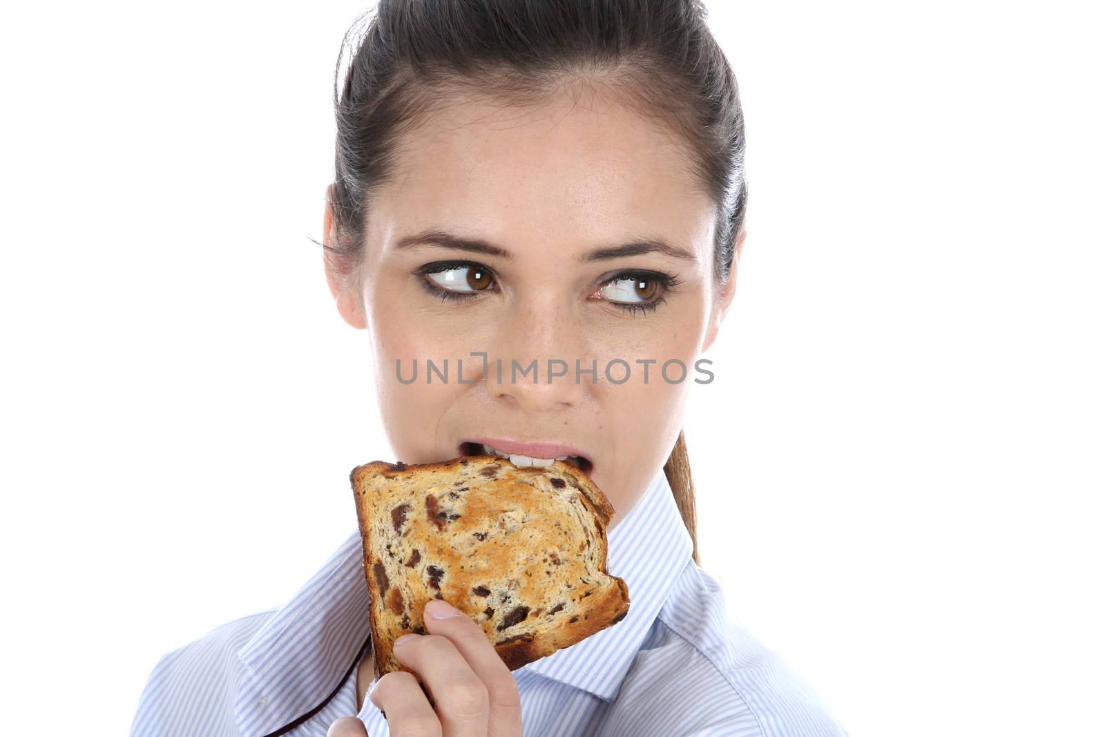 Woman Eating a Slice of Fruit Toast