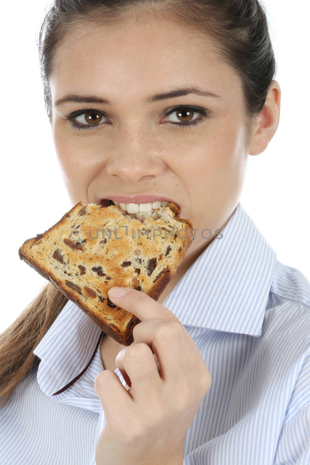 Woman Eating a Slice of Fruit Toast