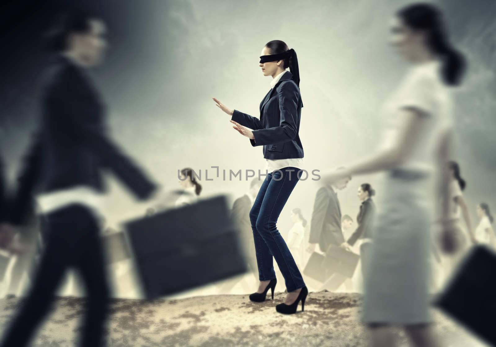 Businesswoman in blindfold among group of people by sergey_nivens