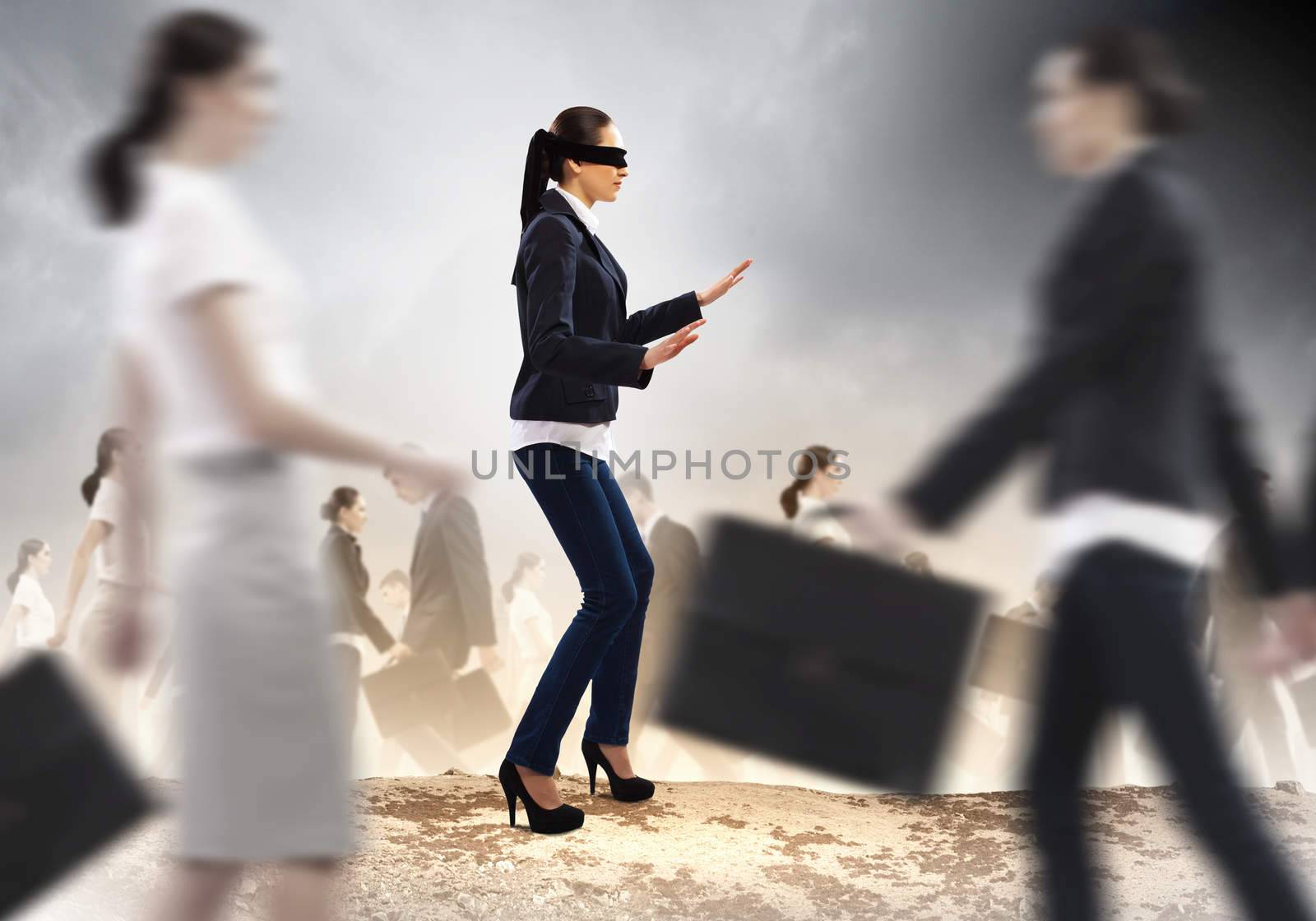 Businesswoman in blindfold among group of people by sergey_nivens