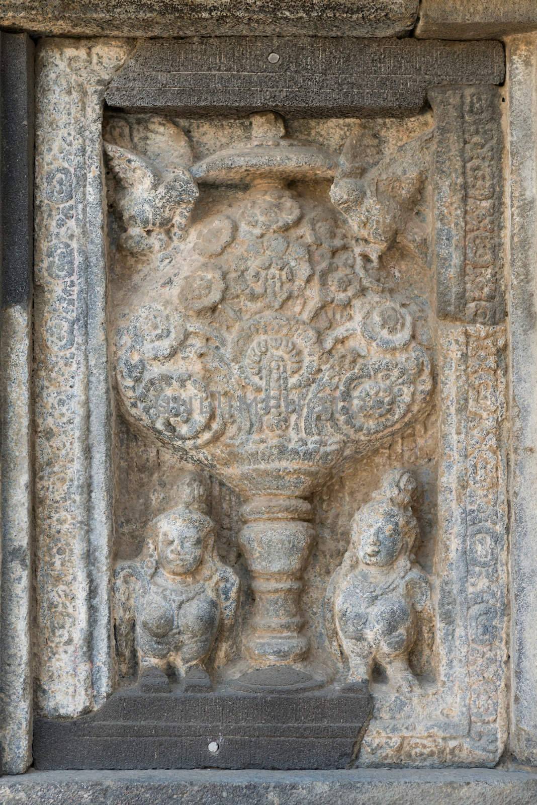 Prambanan panel kalpataru tree flanked by a pair of kinnaras and birds, Prambanan temple, Indonesia, Java, Yogyakarta