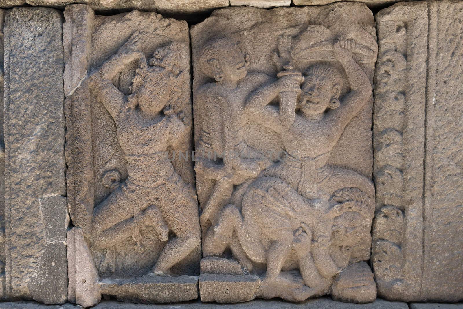 Detail of bas-relief carving on wall of Prambanan temple, Indonesia, Java, Yogyakarta 