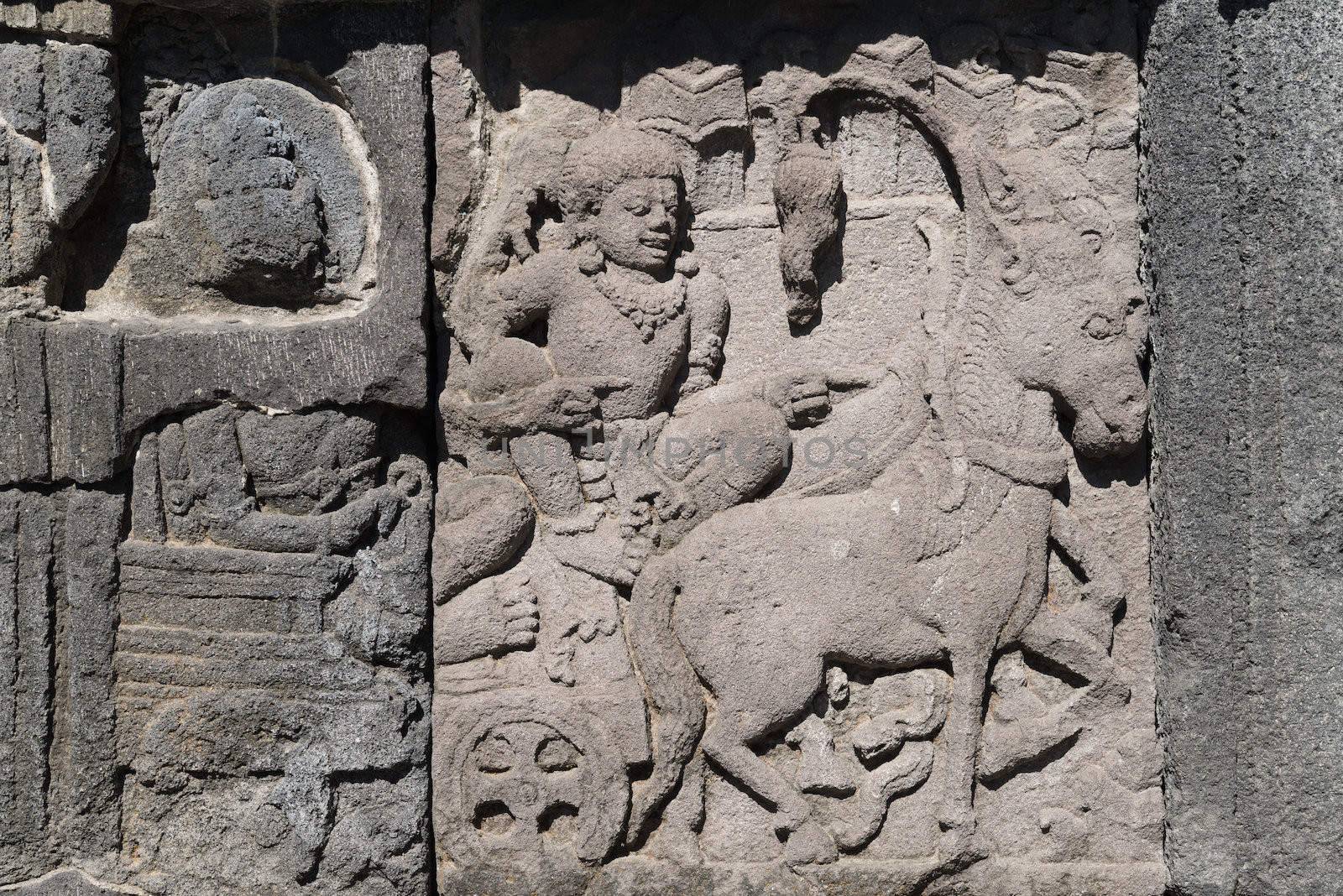 Detail of bas-relief carving on wall of Prambanan temple, Indonesia, Java, Yogyakarta 