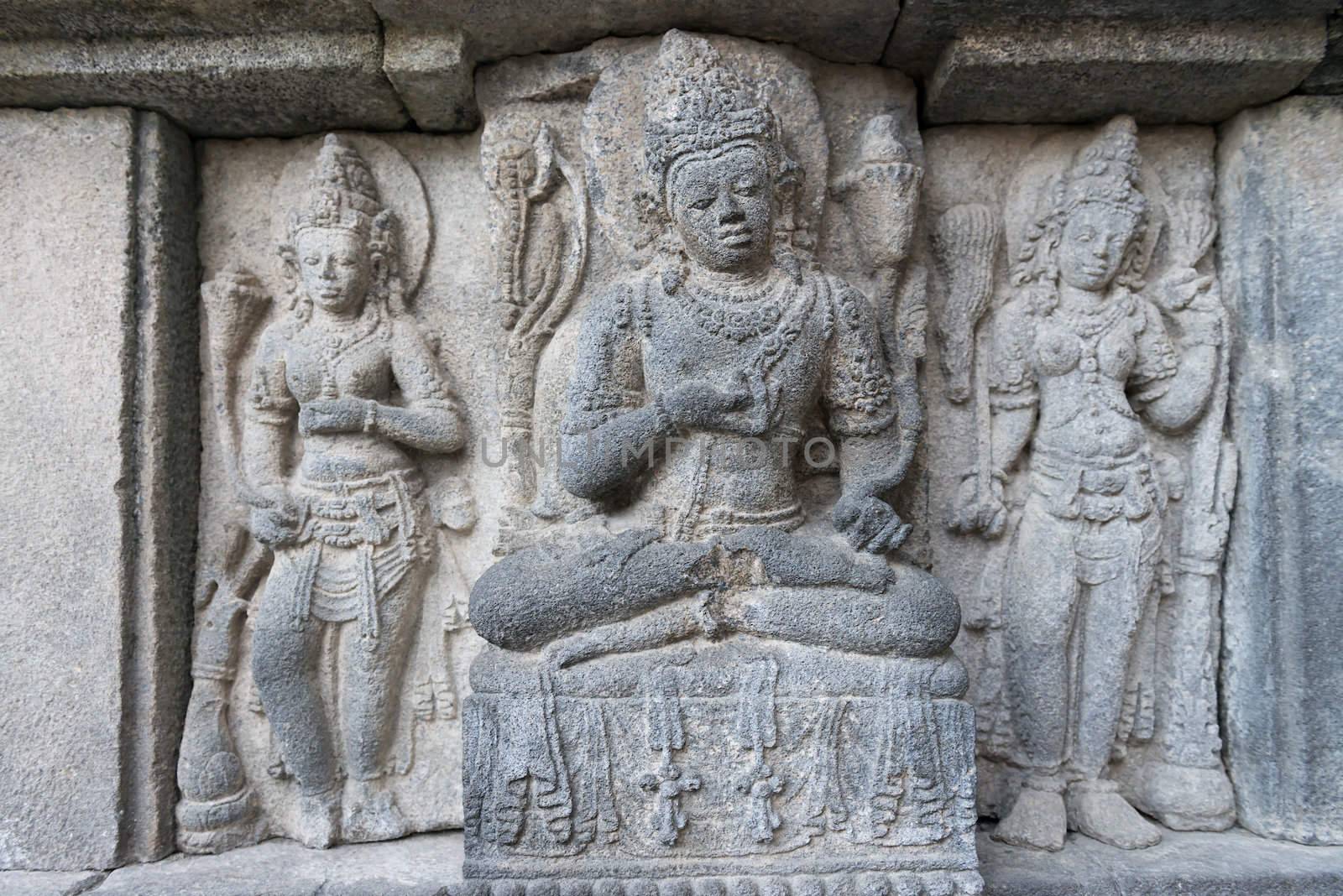 Detail of bas-relief carving on wall of Prambanan temple, Indonesia, Java, Yogyakarta 